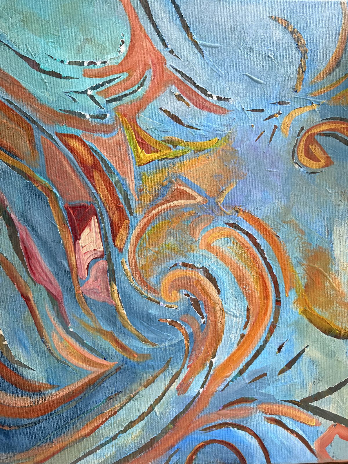 Non-objective painting of sweeping coral, orange and pink curves and dark brushstrokes swirling across a field of soft blues