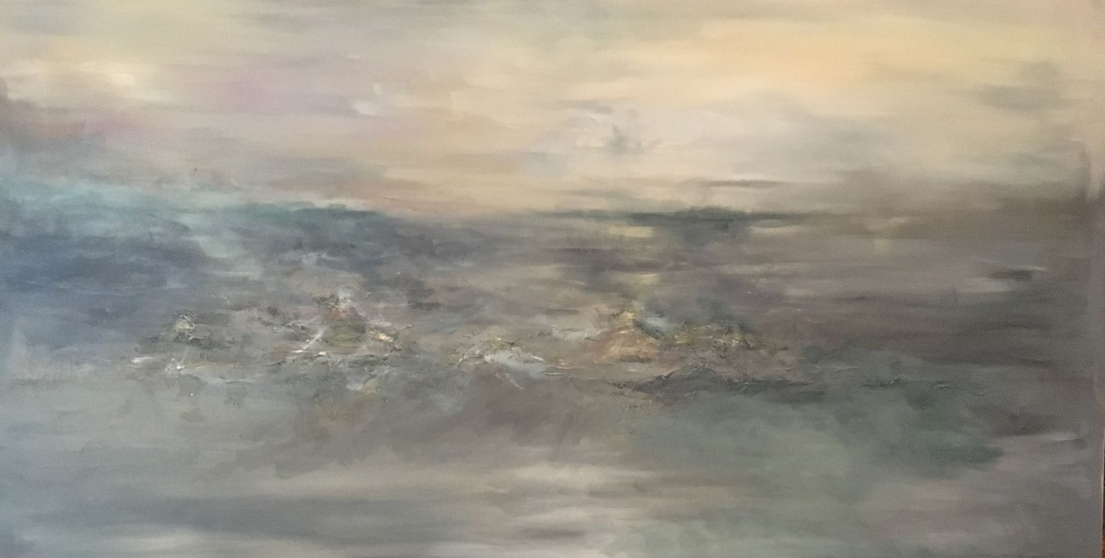 Wide non-objective painting of soft horizontal bands of slate blue, gray and pale gold, with a textured shimmer of light across the middle