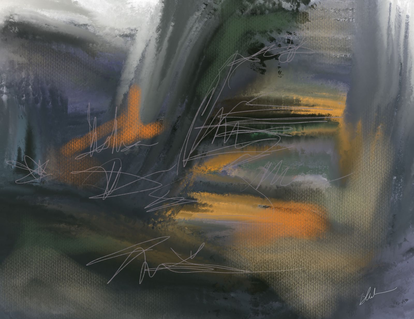 Non-objective painting of dark charcoal and deep green sweeps cut through with bright orange strokes and fine scratched lines