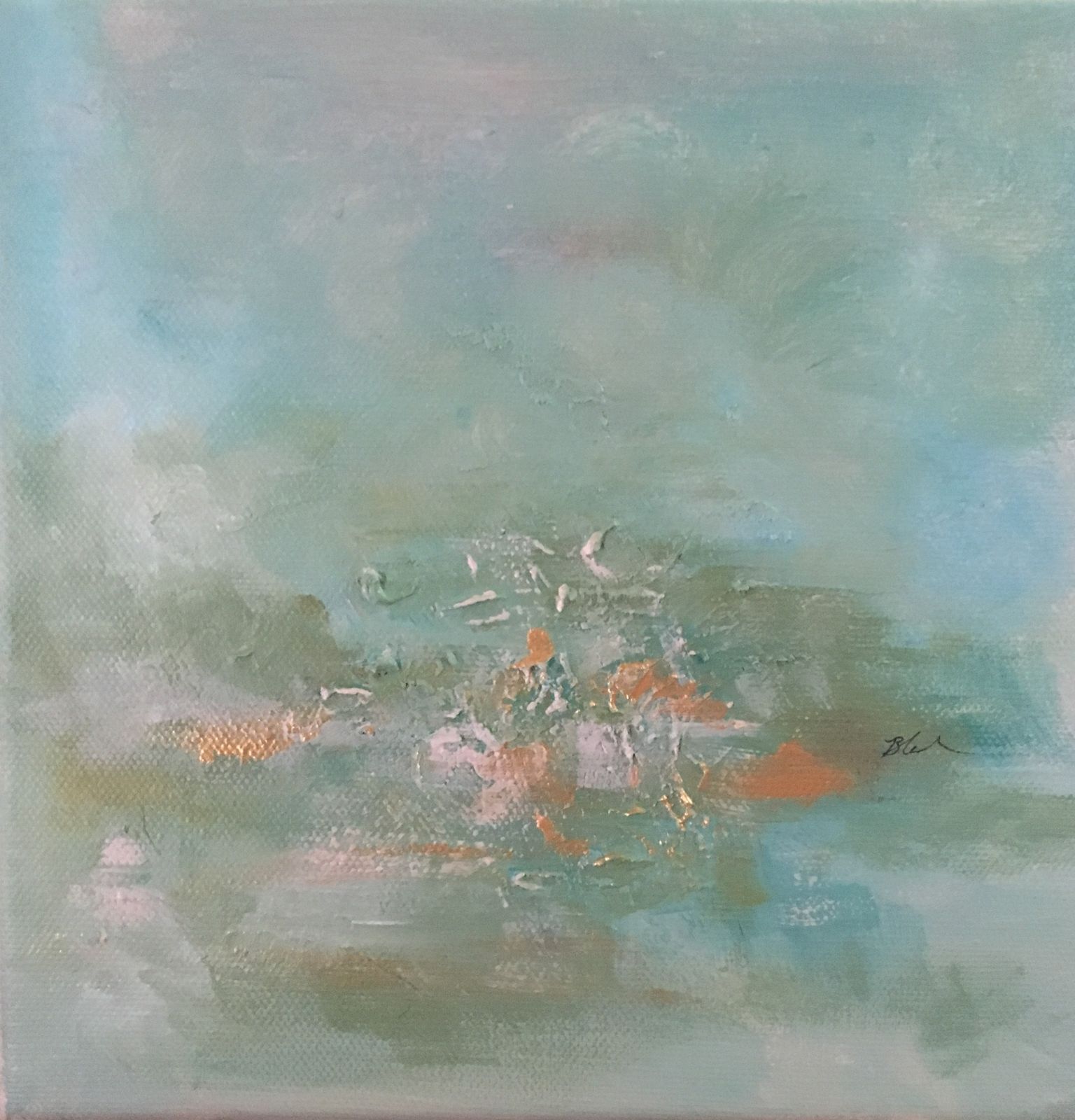 Non-objective painting of soft aqua and pale blue with a textured cluster of coral and white strokes at the center
