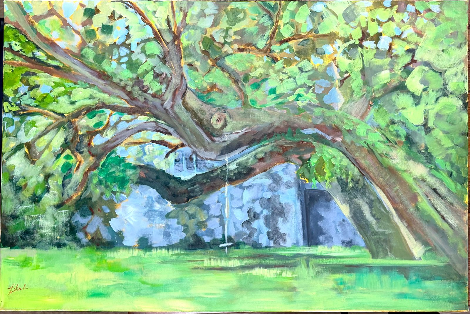 Signed painting on canvas of a sprawling oak with a rope swing hanging from a low branch over a sunlit green lawn, with a pale stone wall behind