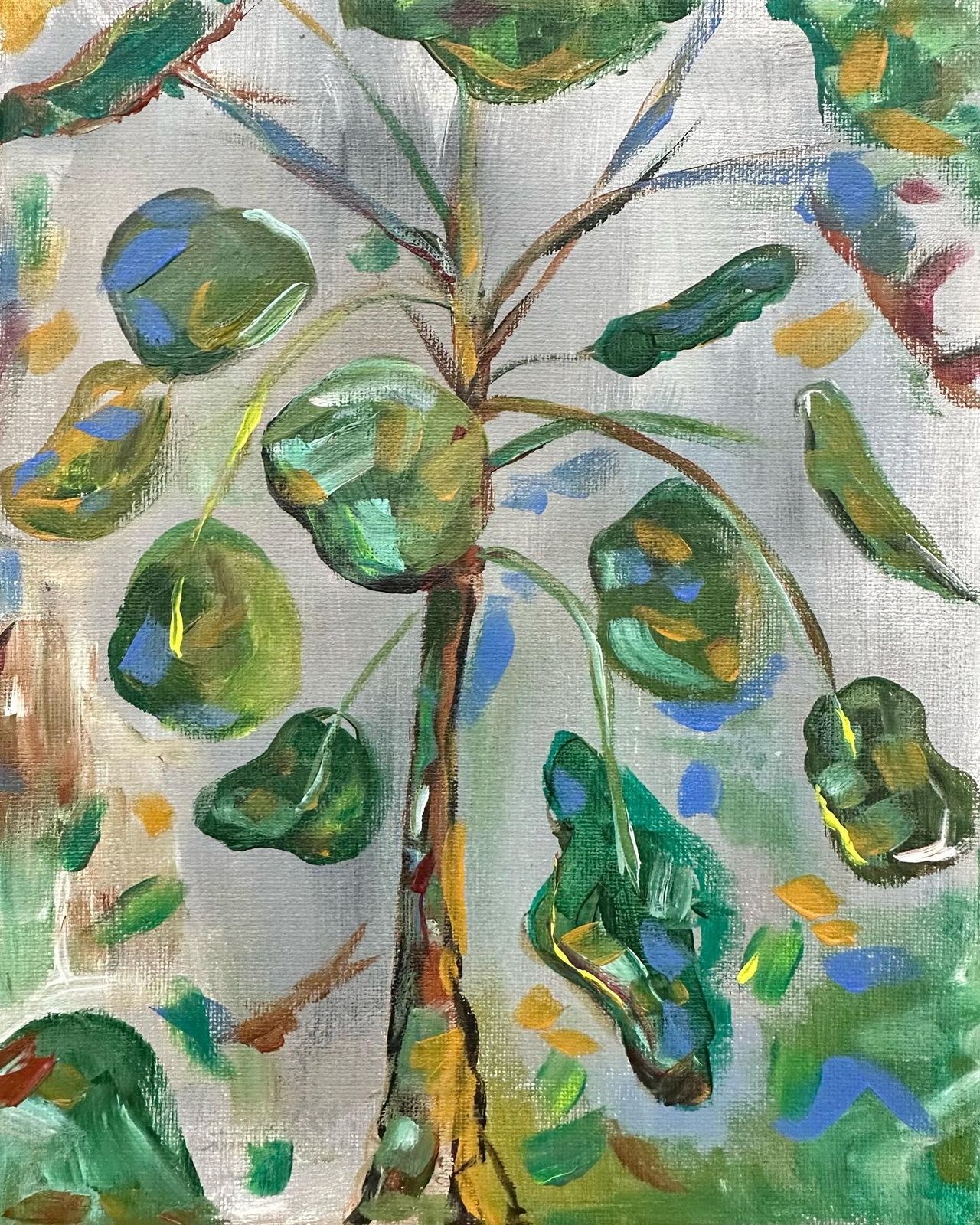 Colorful acrylic painting of a slender tree with big rounded green leaves brushed with blue and yellow on a pale silver background