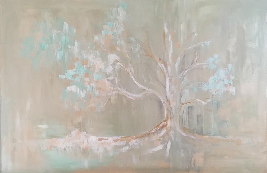 Soft, pale painting of a tree with sweeping white branches and teal blossoms against a misty beige background
