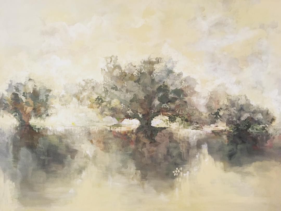 Acrylic painting of misty oak trees reflected in still water under a soft cream sky