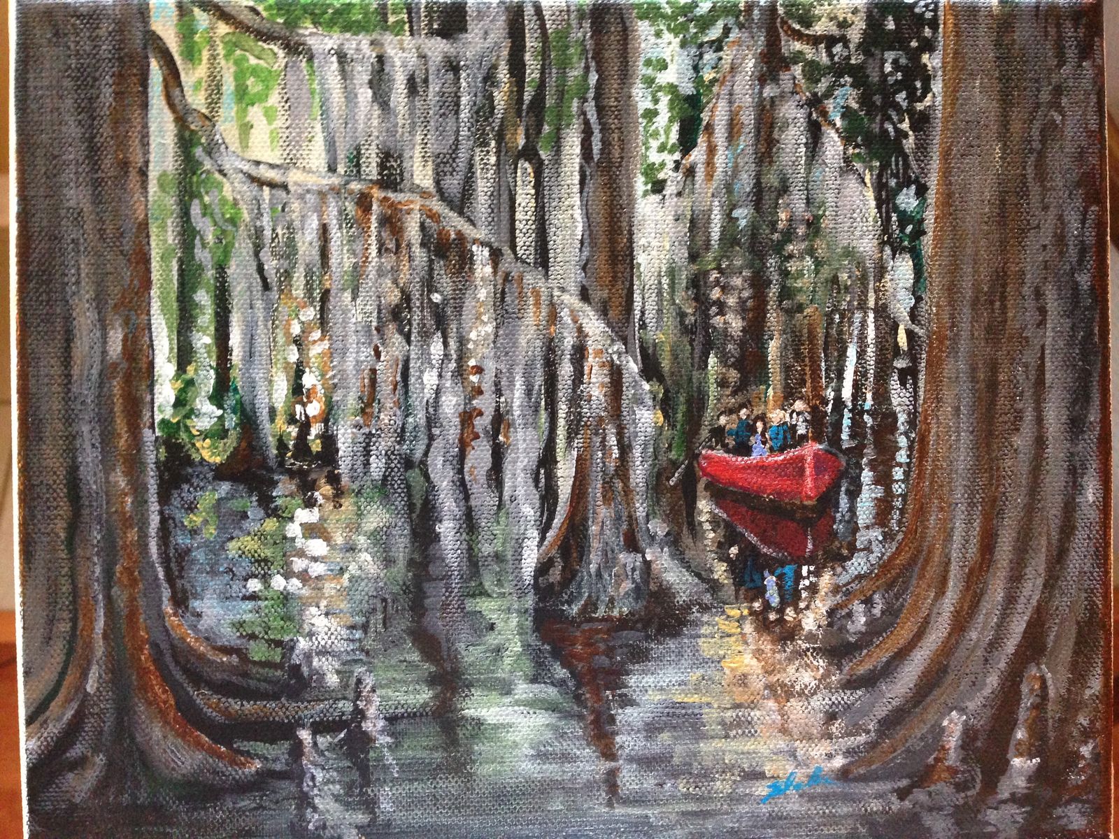 Painting of towering cypress trees draped in Spanish moss along a still, reflective bayou, with a small group of people in a red canoe in the distance
